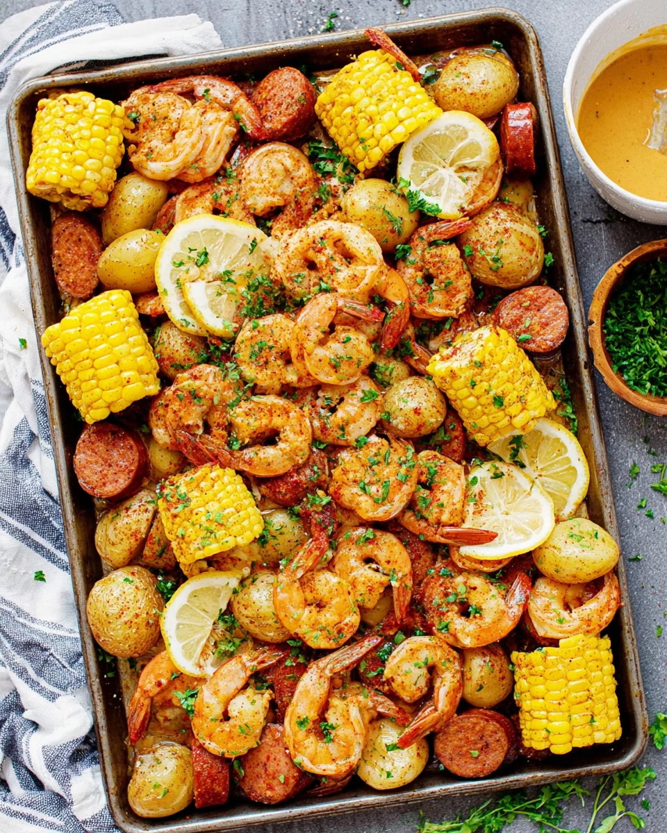 Shrimp boil with corn, potatoes, sausage, and lemon slices on a baking sheet