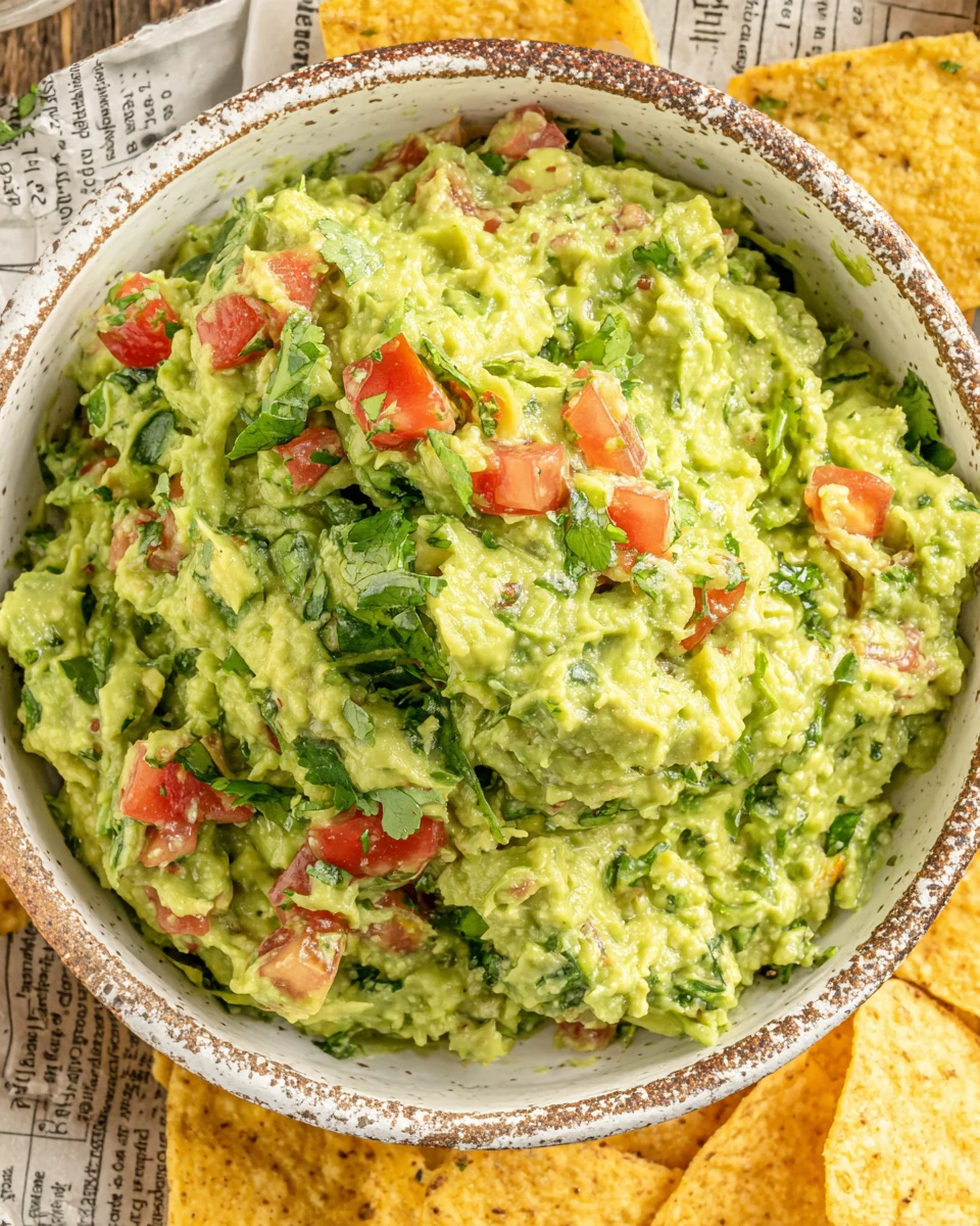 Simple & classic guacamole in a rustic bowl with tomatoes and cilantro