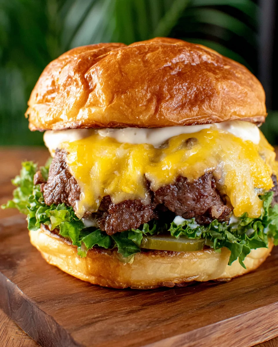 Juicy smash burger with melted cheese and fresh toppings on a brioche bun