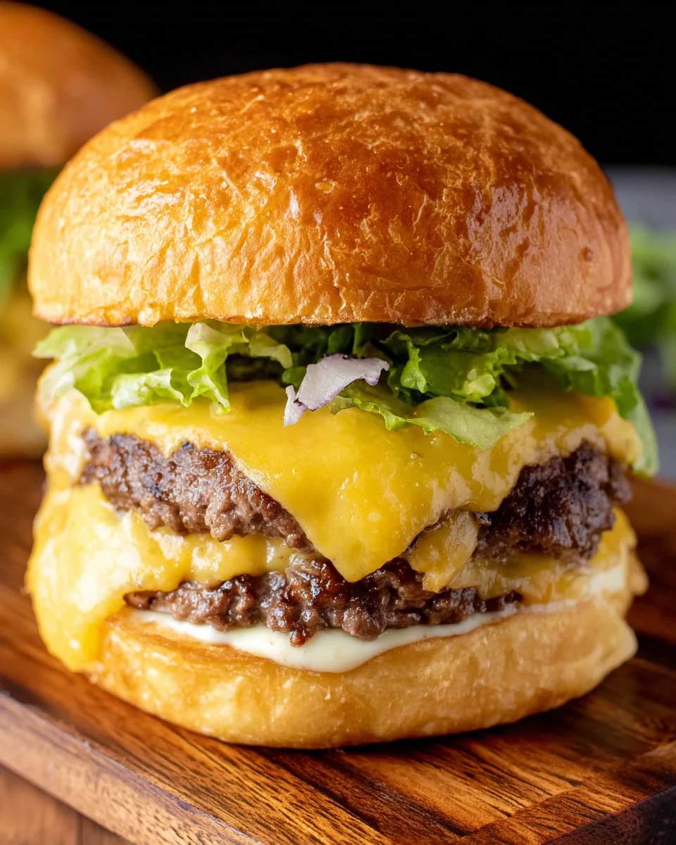 Juicy smash burger with melted cheese and fresh toppings on a brioche bun