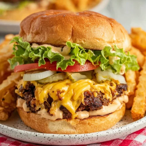 Smash Burger Bliss: Juicy, Crispy Perfection 1 Juicy smash burger with melted cheese, fresh toppings, and sauce, served with fries