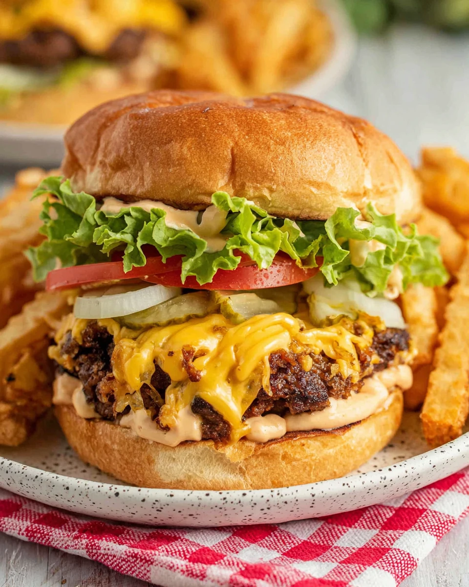 Delicious Smash Burger with Melted Cheese and Toppings Juicy smash burger with melted cheese, fresh toppings, and sauce, served with fries