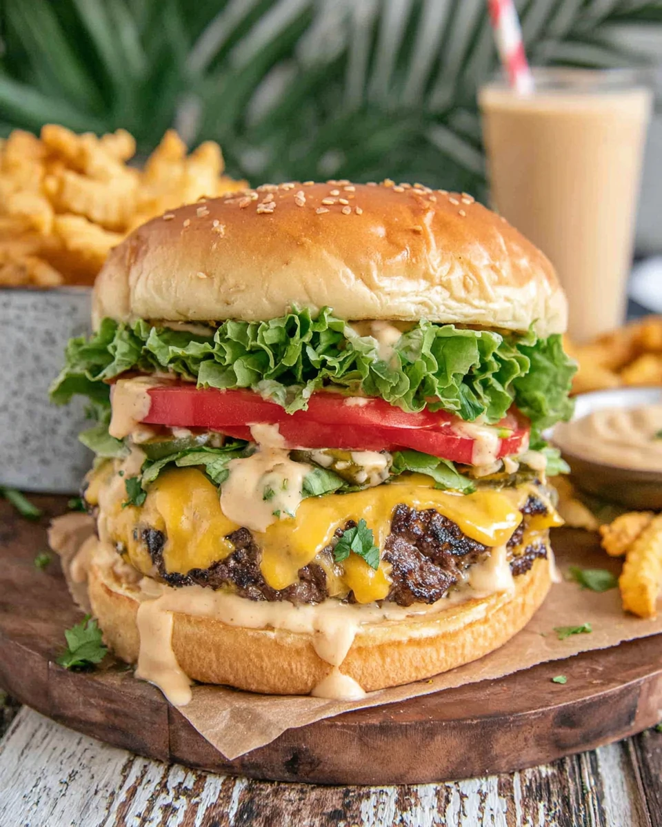 Perfect Smash Burger with Cheese and Toppings Juicy smash burger with melted cheese, fresh toppings, and fries, served with a drink