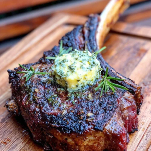 Smoked tomahawk steak with herb butter on a wooden board