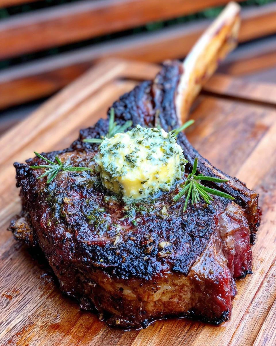 Smoked tomahawk steak with herb butter on a wooden board