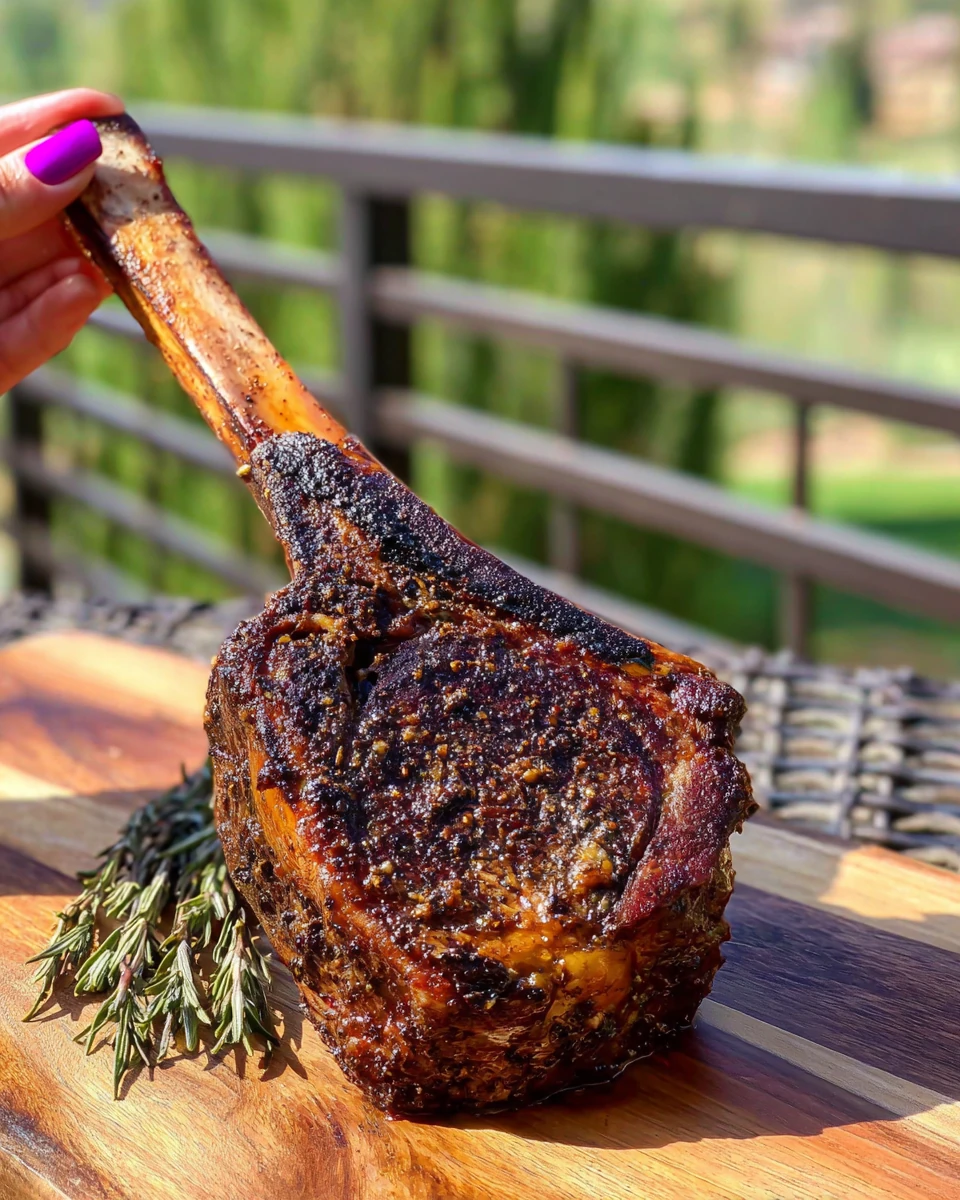Smoked tomahawk steak with long bone held by hand on wooden board