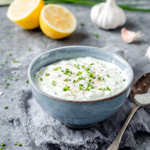 Steakhouse sour cream in a bowl with chives, lemon, and garlic