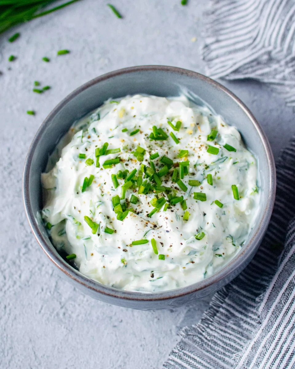 Steakhouse sour cream in a ceramic bowl with chives and pepper