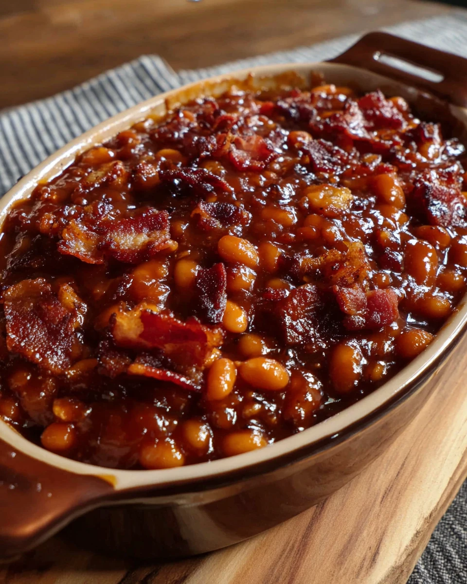 Southern baked beans with bacon in a ceramic dish, topped with crispy bacon bits