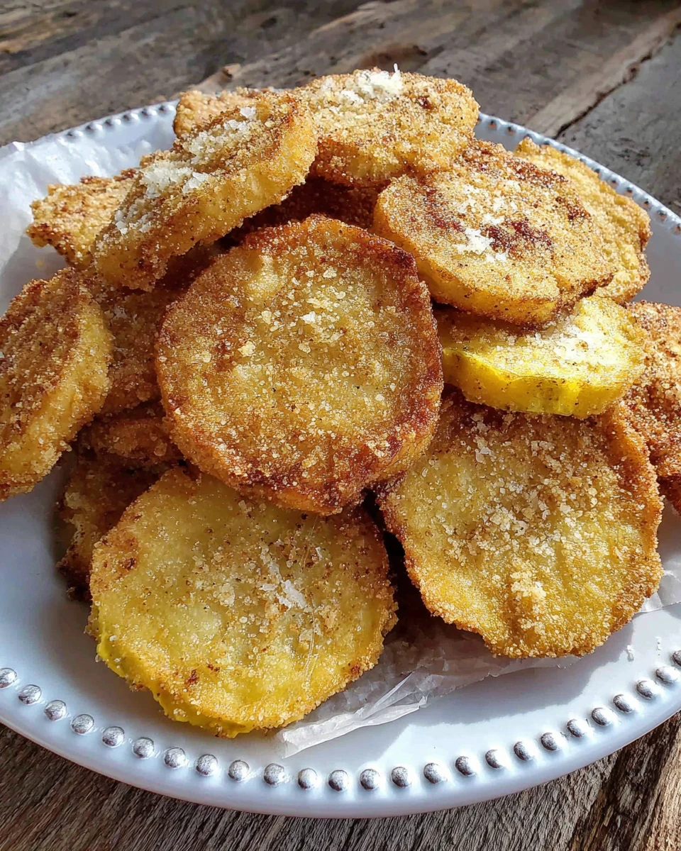 Golden southern fried yellow squash slices on a white plate