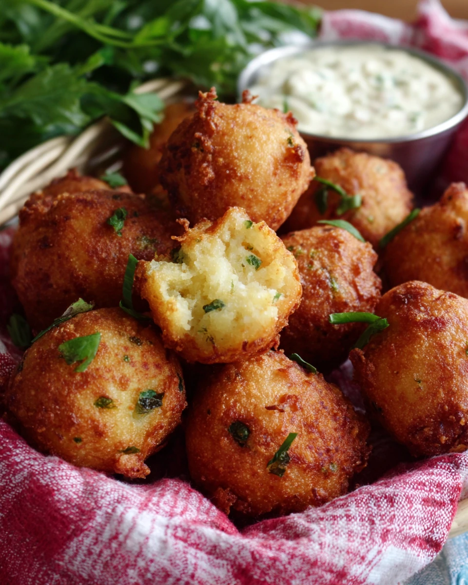 Crispy Southern hush puppies in a red checkered cloth basket with dipping sauce
