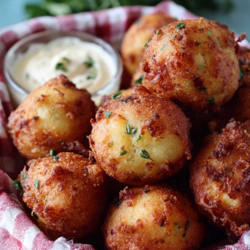 Golden-brown Southern hush puppies in a checkered cloth basket with dipping sauce