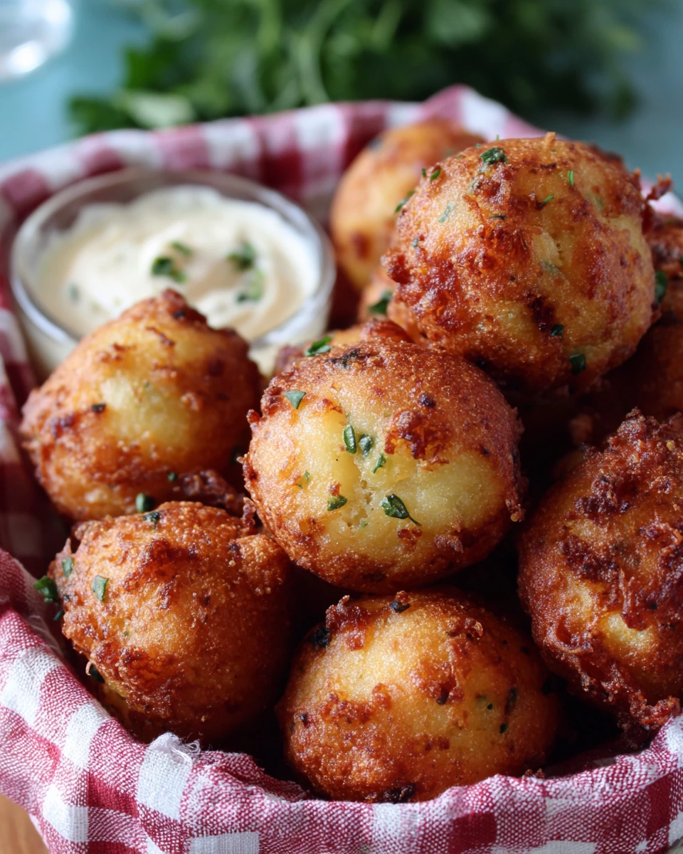 Golden-brown Southern hush puppies in a checkered cloth basket with dipping sauce