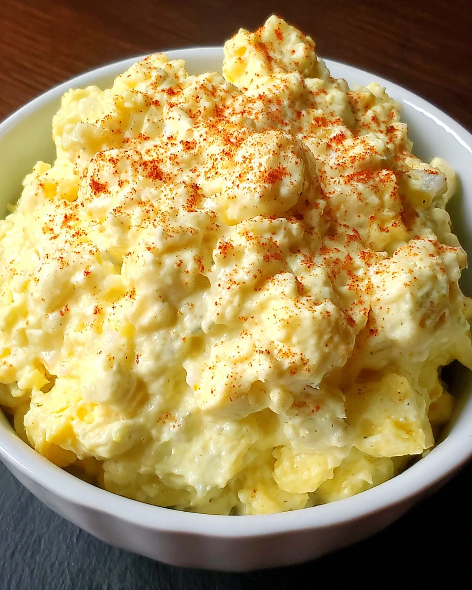 Creamy southern potato salad in a white bowl, topped with paprika