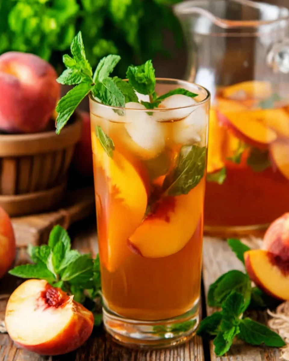 Southern style fresh peach sweet tea with peach slices and mint in a glass