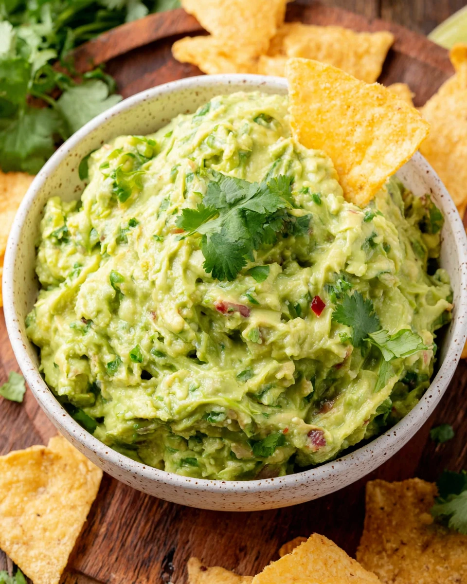 Spicy guacamole in a white bowl with tortilla chips and cilantro garnish