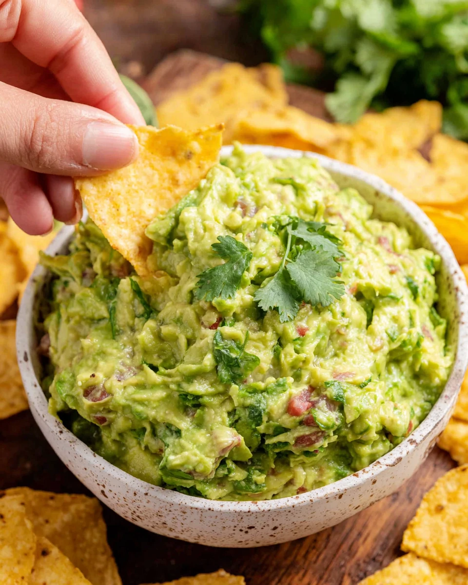 Spicy guacamole in a white bowl with tortilla chips and cilantro garnish