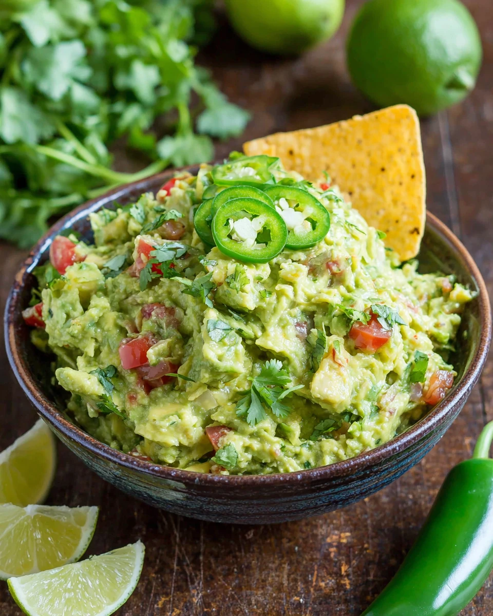 Spicy guacamole in a white bowl with jalapeños and tortilla chip, fresh ingredients visible