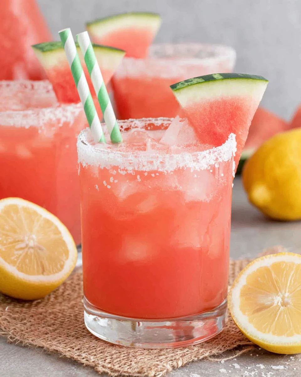 Spiked watermelon lemonade in a glass with ice, watermelon garnish, and a striped straw