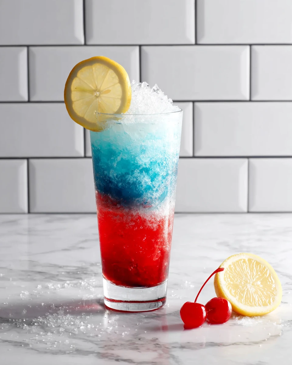 Star-spangled slushie cocktail with red, white, and blue layers, lemon slice, and cherry garnish