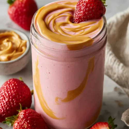Strawberry banana peanut butter smoothie in a glass with peanut butter swirl and fresh strawberry garnish