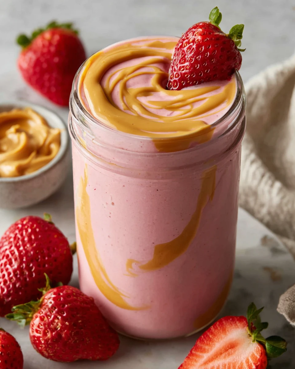 Strawberry banana peanut butter smoothie in a glass with peanut butter swirl and fresh strawberry garnish