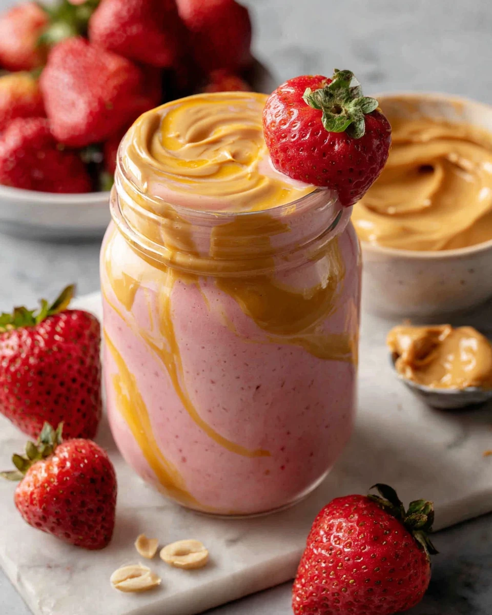 Strawberry banana peanut butter smoothie in a glass with peanut butter swirl and fresh strawberry garnish