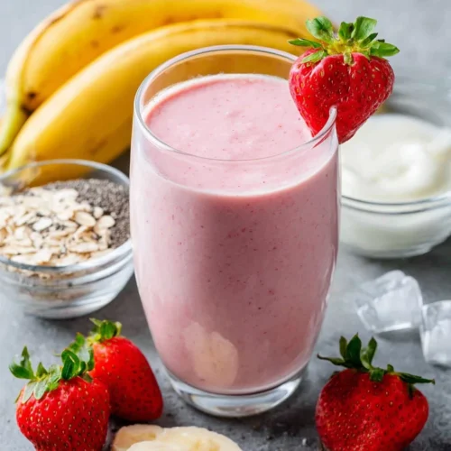 Strawberry banana protein smoothie in a glass with fresh fruit and ingredients around