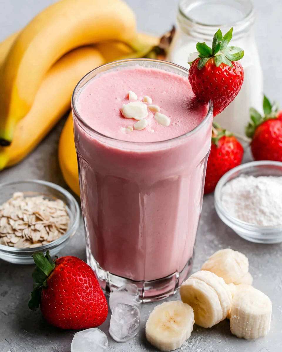 Strawberry banana protein smoothie in a glass with fresh fruit and ingredients around