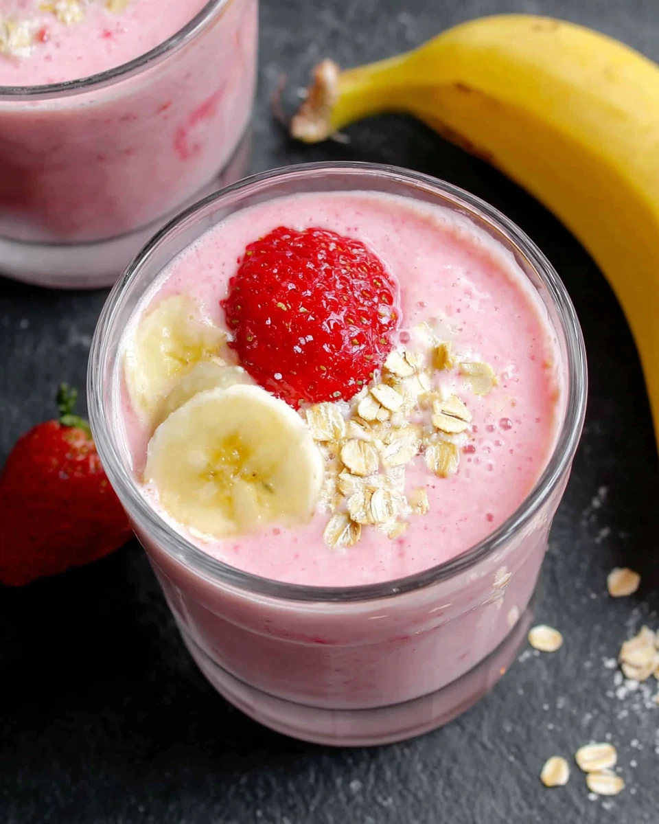 Strawberry banana smoothie with yogurt in a glass, topped with fruit and oats