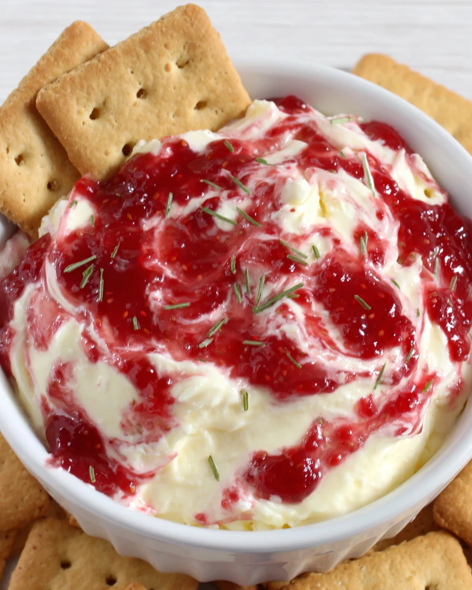 Strawberry cheesecake dip with graham crackers in a white bowl