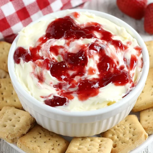 Strawberry cheesecake dip in a white bowl with graham crackers, swirled with red jam