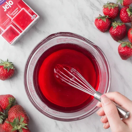 Strawberry pretzel jello salad preparation with fresh strawberries and Jell-O mix