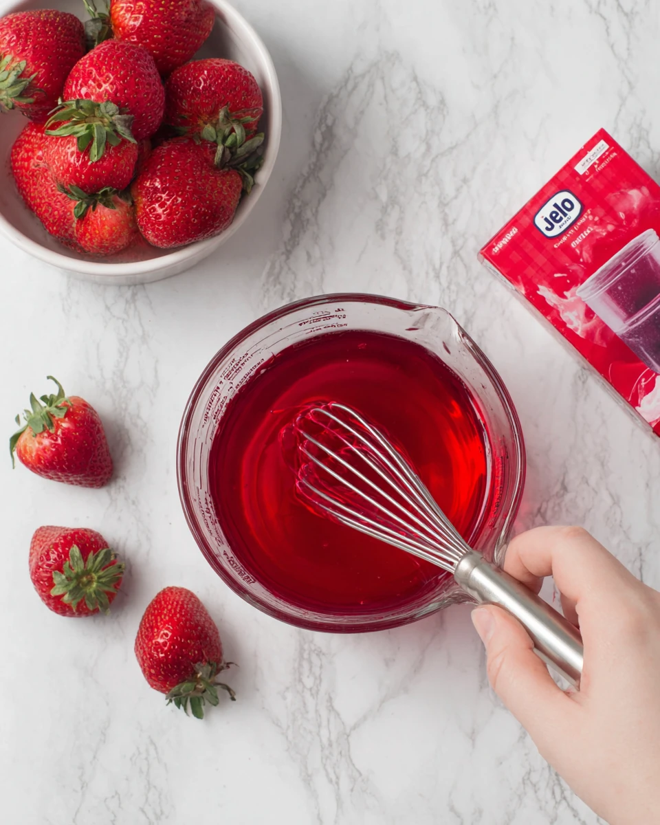 Strawberry pretzel jello salad preparation with fresh strawberries and Jell-O mix