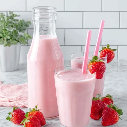 Strawberry smoothie with yogurt in glasses and bottle, fresh strawberries nearby