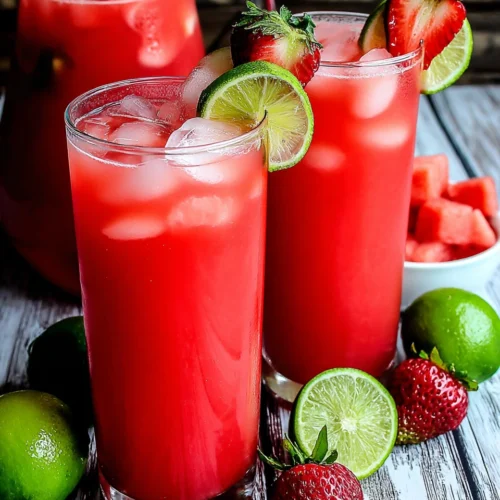 Strawberry watermelon agua fresca in glasses and pitcher with fresh fruit garnishes