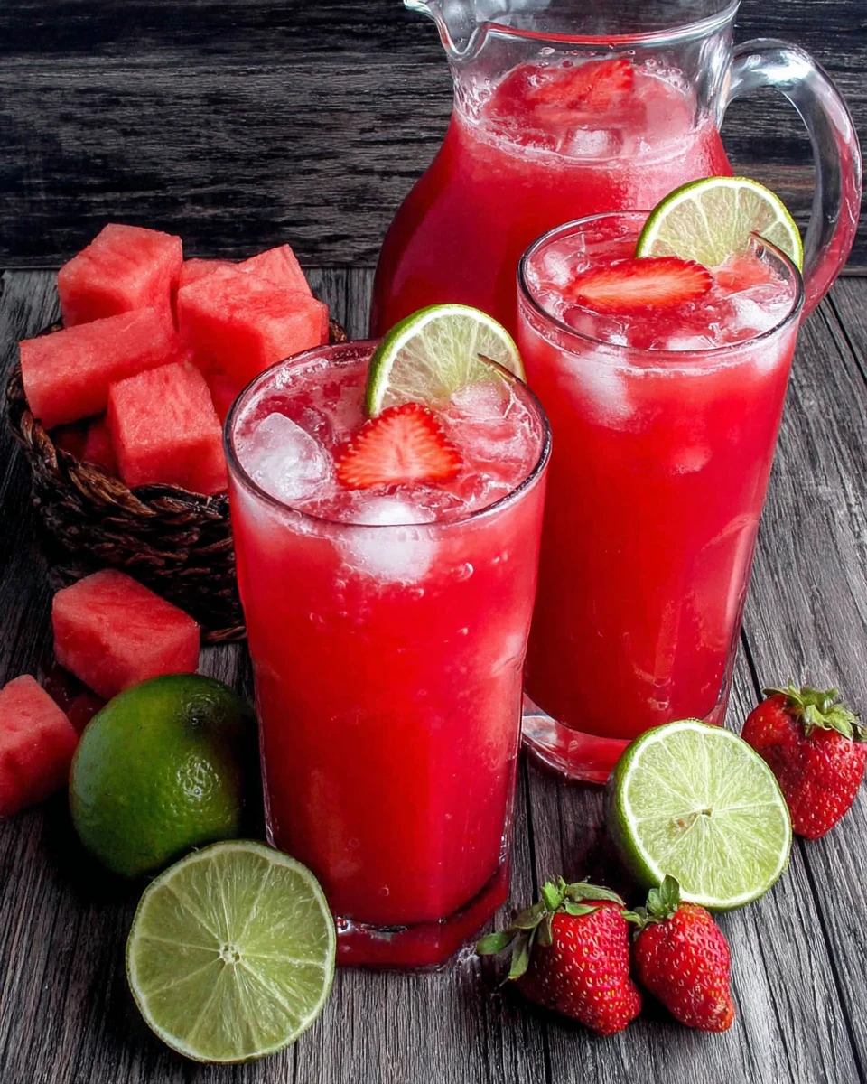 Strawberry watermelon agua fresca in glasses with fresh fruit garnishes and pitcher