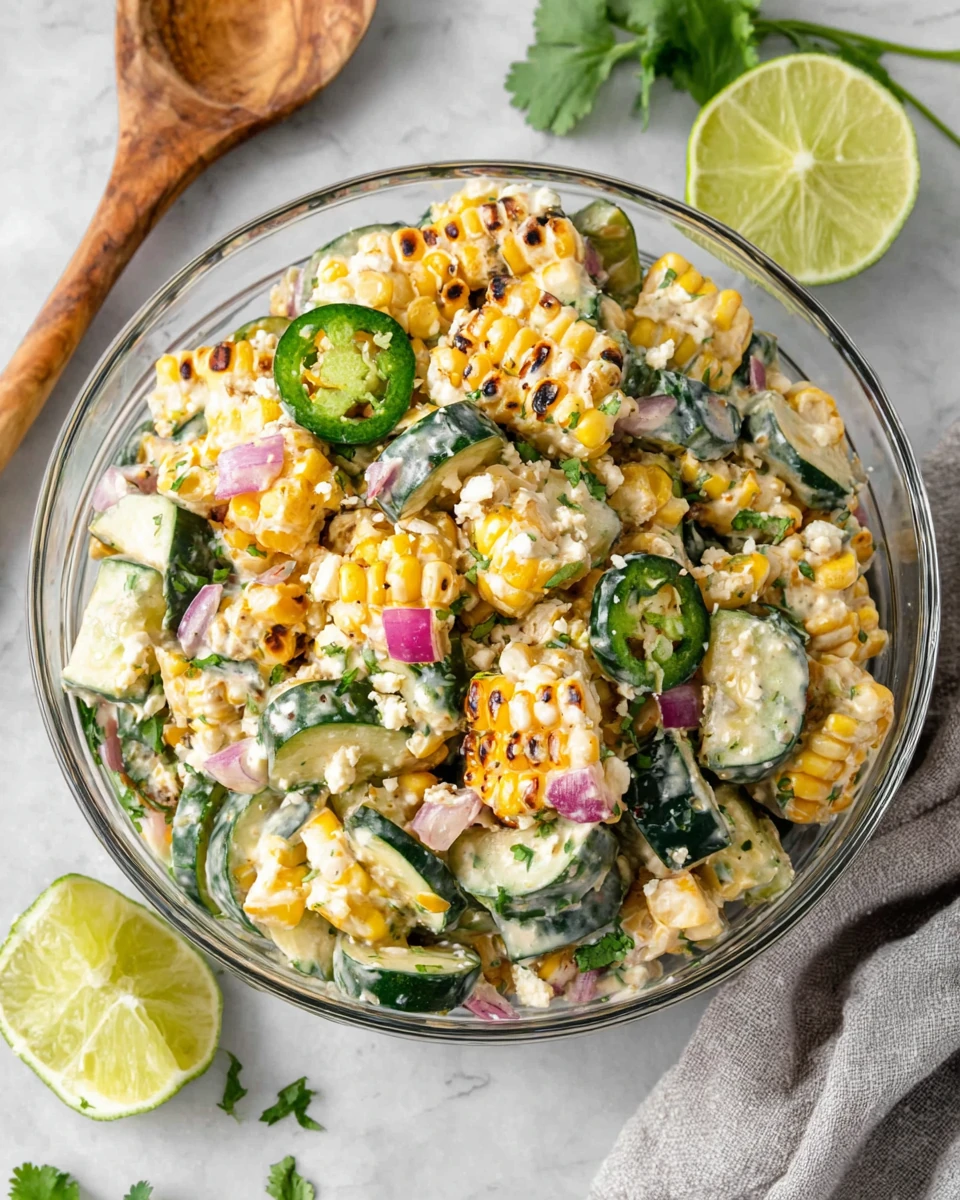 Street corn creamy cucumber salad with charred corn, cucumbers, and lime dressing in a glass bowl