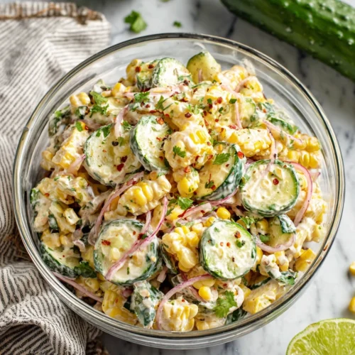 Street corn creamy cucumber salad with corn, cucumbers, and herbs in a glass bowl