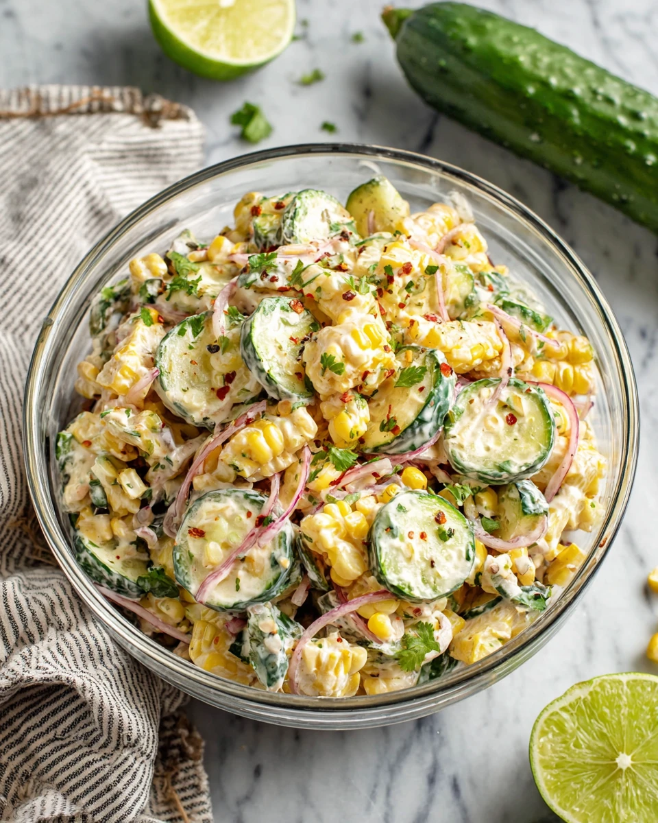 Street corn creamy cucumber salad with corn, cucumbers, and herbs in a glass bowl