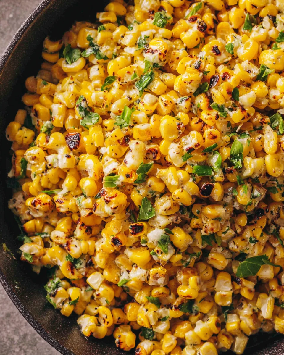 Creamy Street Corn Off the Cob with Charred Kernels Street corn off the cob with charred kernels and fresh herbs in a skillet