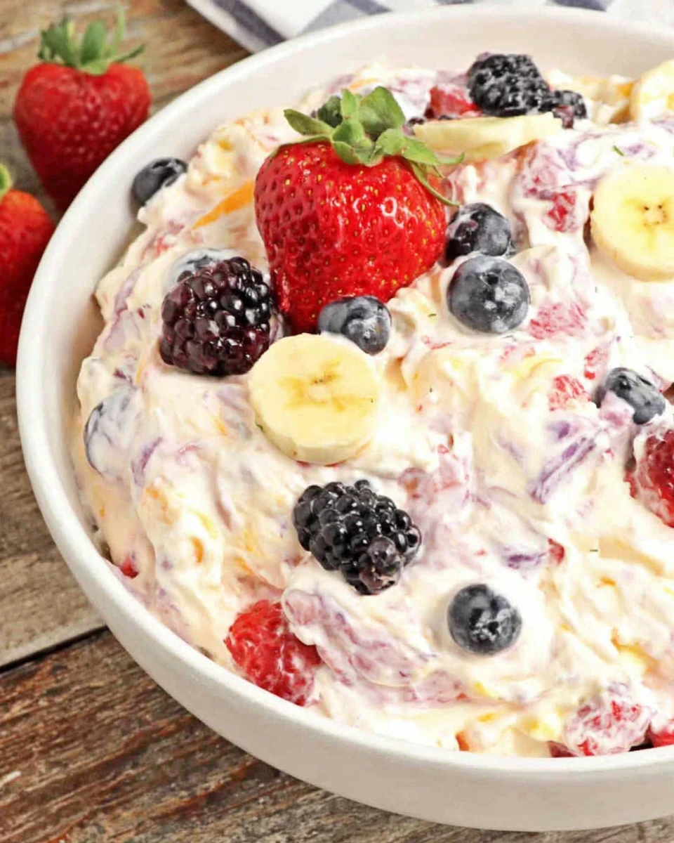 Summer berry cheesecake salad with fresh berries and creamy texture