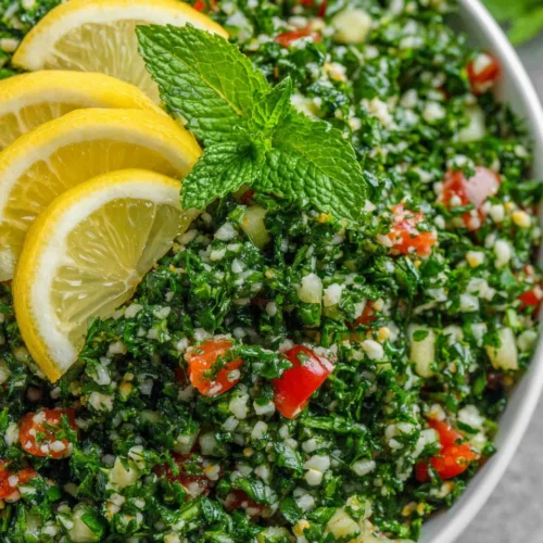 Fresh tabbouleh salad with parsley, mint, tomatoes, and lemon slices