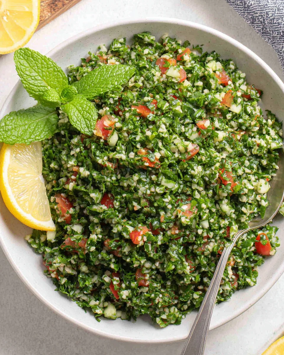 Fresh tabbouleh salad with parsley, mint, tomatoes, and lemon in a white bowl