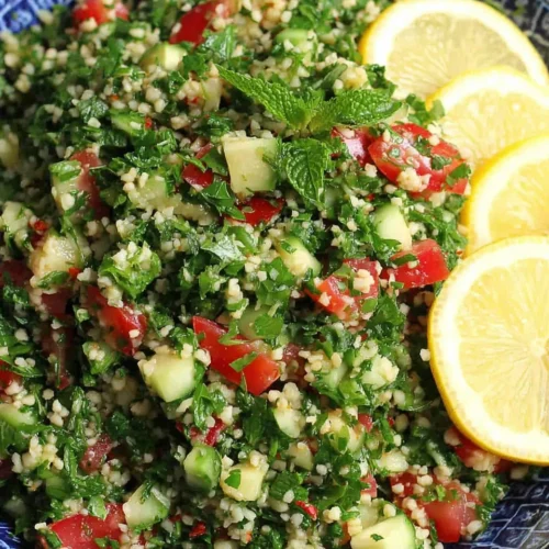 Fresh tabouli salad with parsley, tomatoes, cucumbers, and lemon slices in a blue bowl