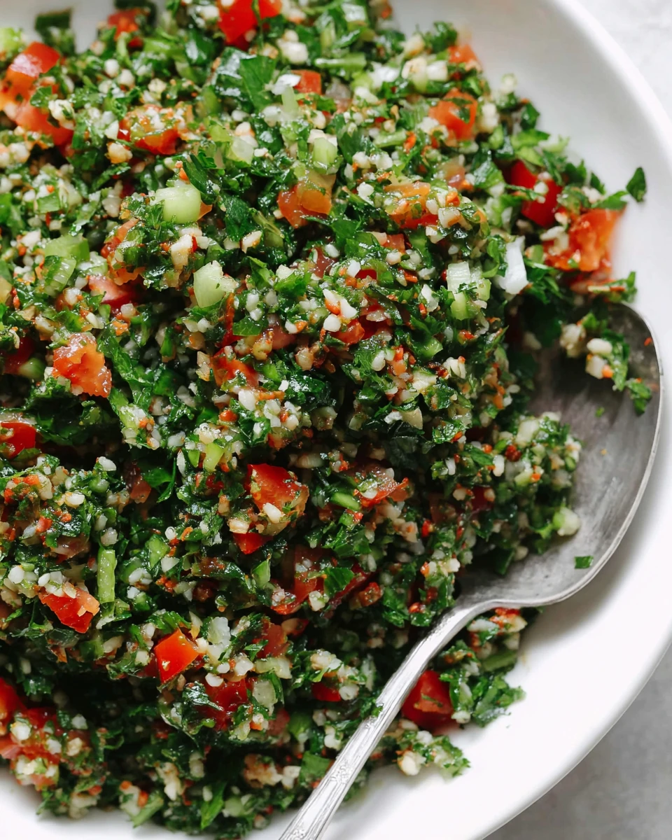Fresh tabouli salad with parsley, mint, tomatoes, and bulgur wheat in a white bowl