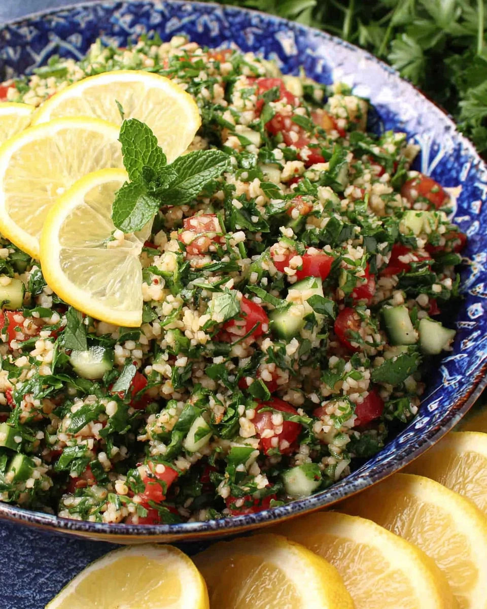 Fresh tabouli salad with parsley, tomatoes, and lemon slices in a blue bowl