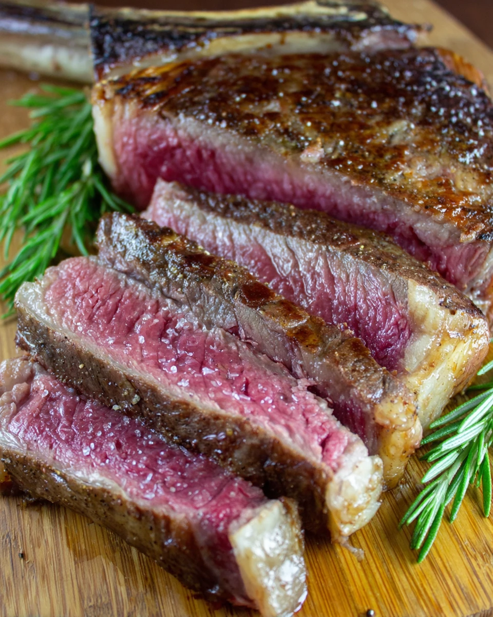Sliced tomahawk rib eye steak on wooden board, juicy and tender