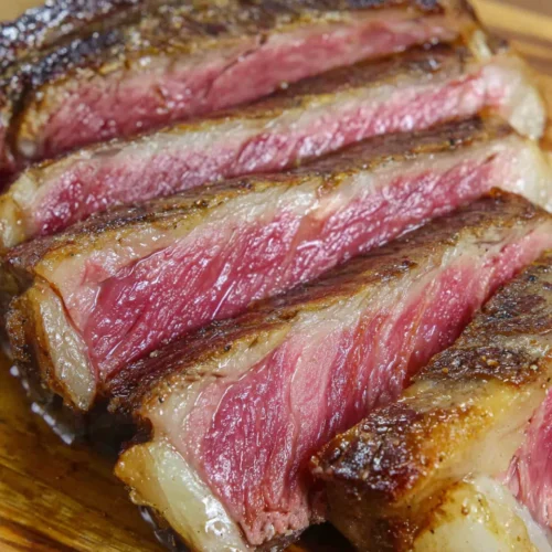 Sliced tomahawk rib eye steak with juicy pink center and seared crust