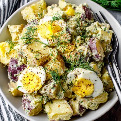 Vegan Dill Potato Salad: A Refreshing and Creamy Delight 1 Vegan dill potato salad with red potatoes, eggs, and fresh dill in a white bowl